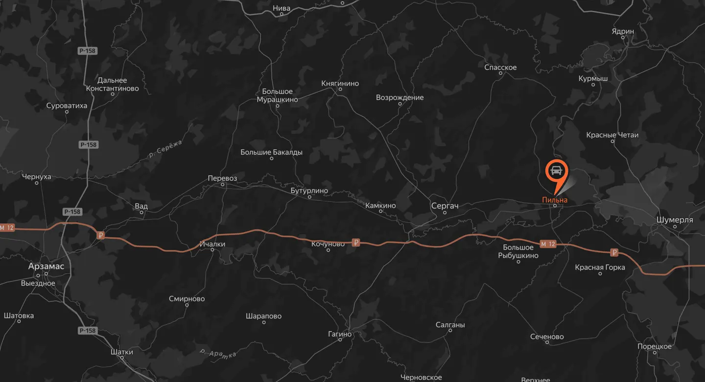 Карта района Пильны с выделенной трассой М-12 и отметкой автосервиса